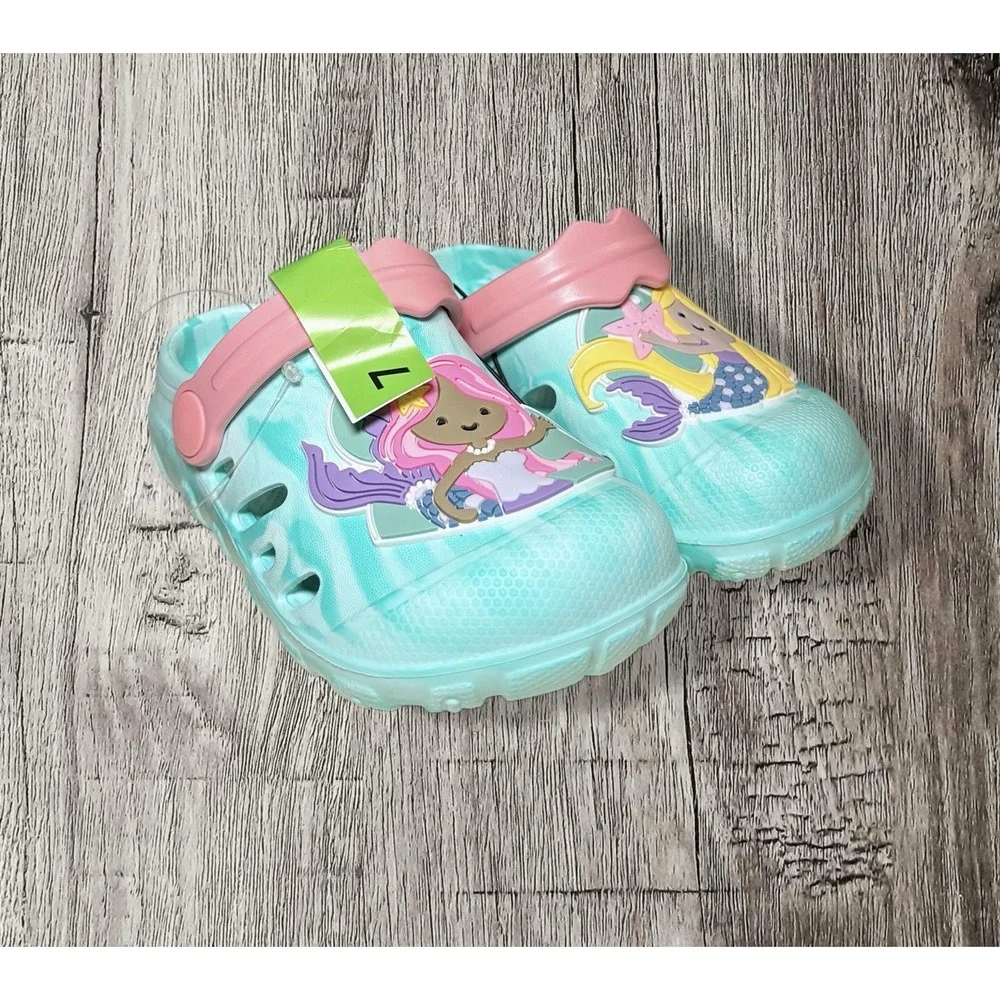 Toddler Girls MERMAID CLOG SHOES Water Friendly Size 7 Teal Pink Back Strap Kids